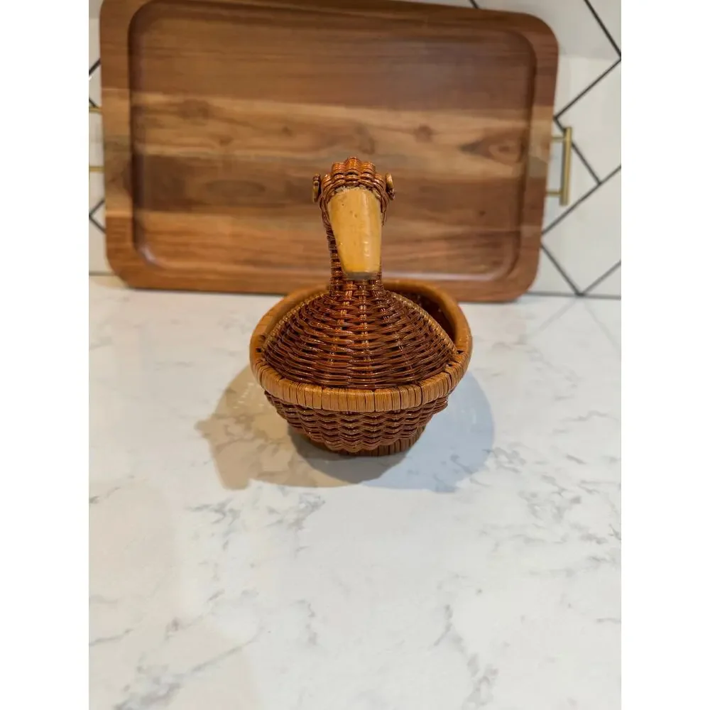 handwoven rattan duck basket elongated oval bowl design integrated duck head